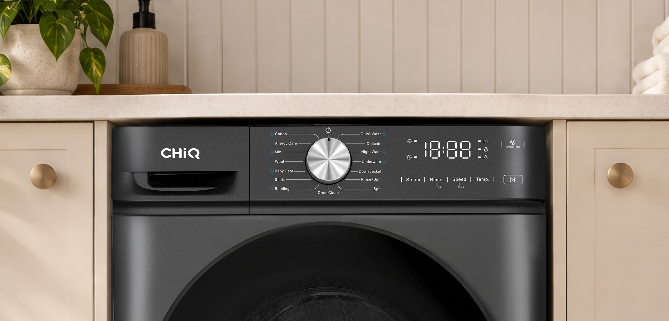 WFL58SG1 corrected control panel in a warm laundry setting