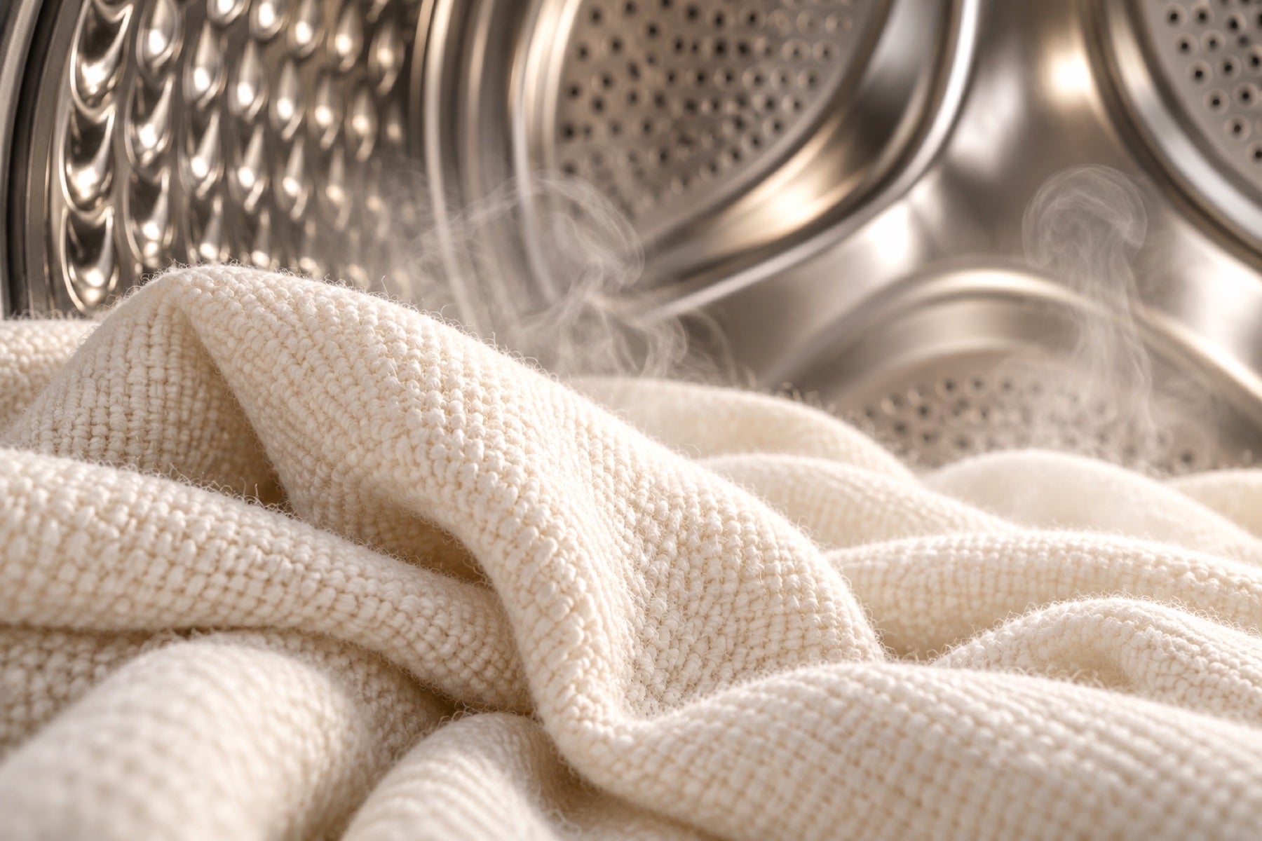 Close-up cotton fabric with gentle steam inside the washer drum