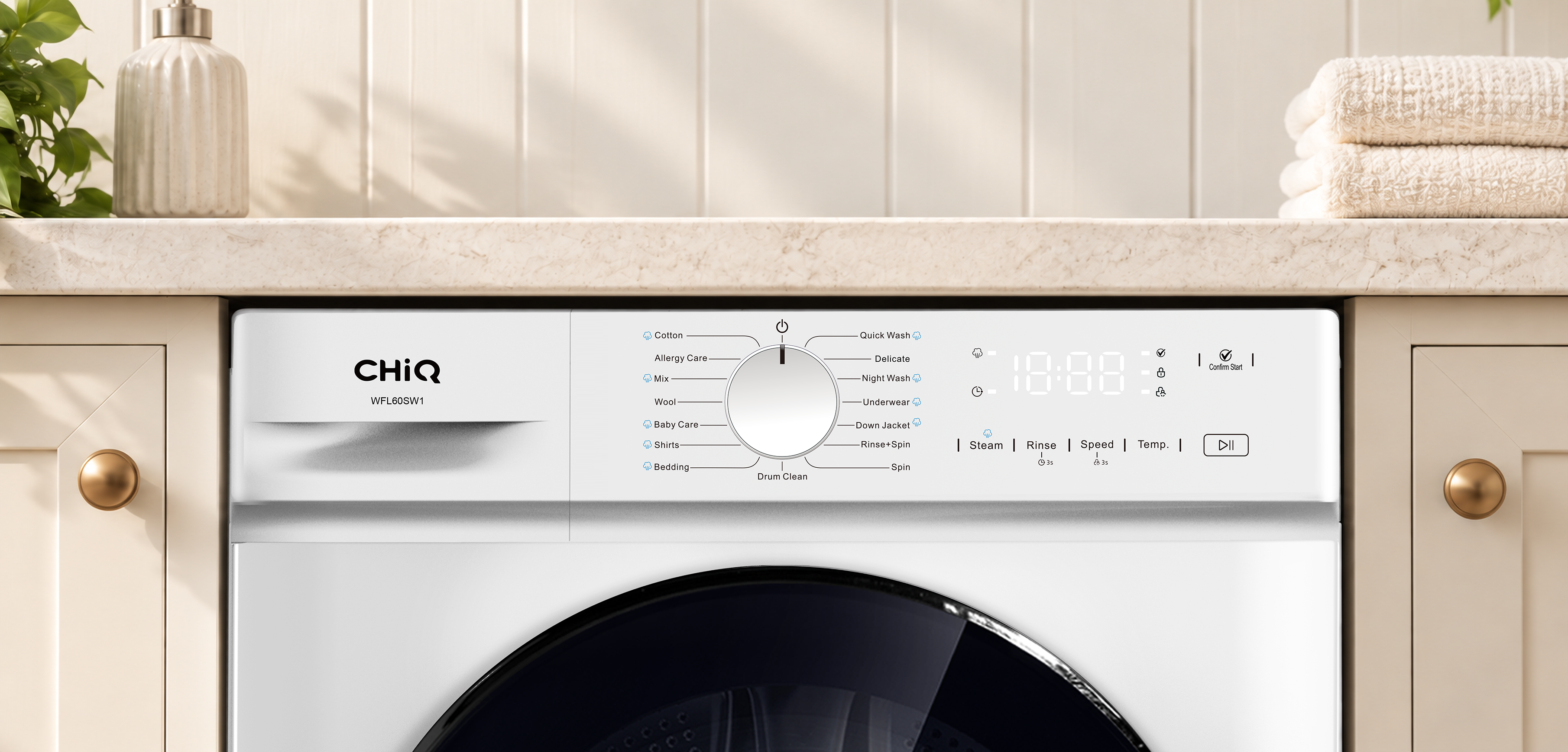 WFL60SW1 corrected control panel in a warm laundry setting