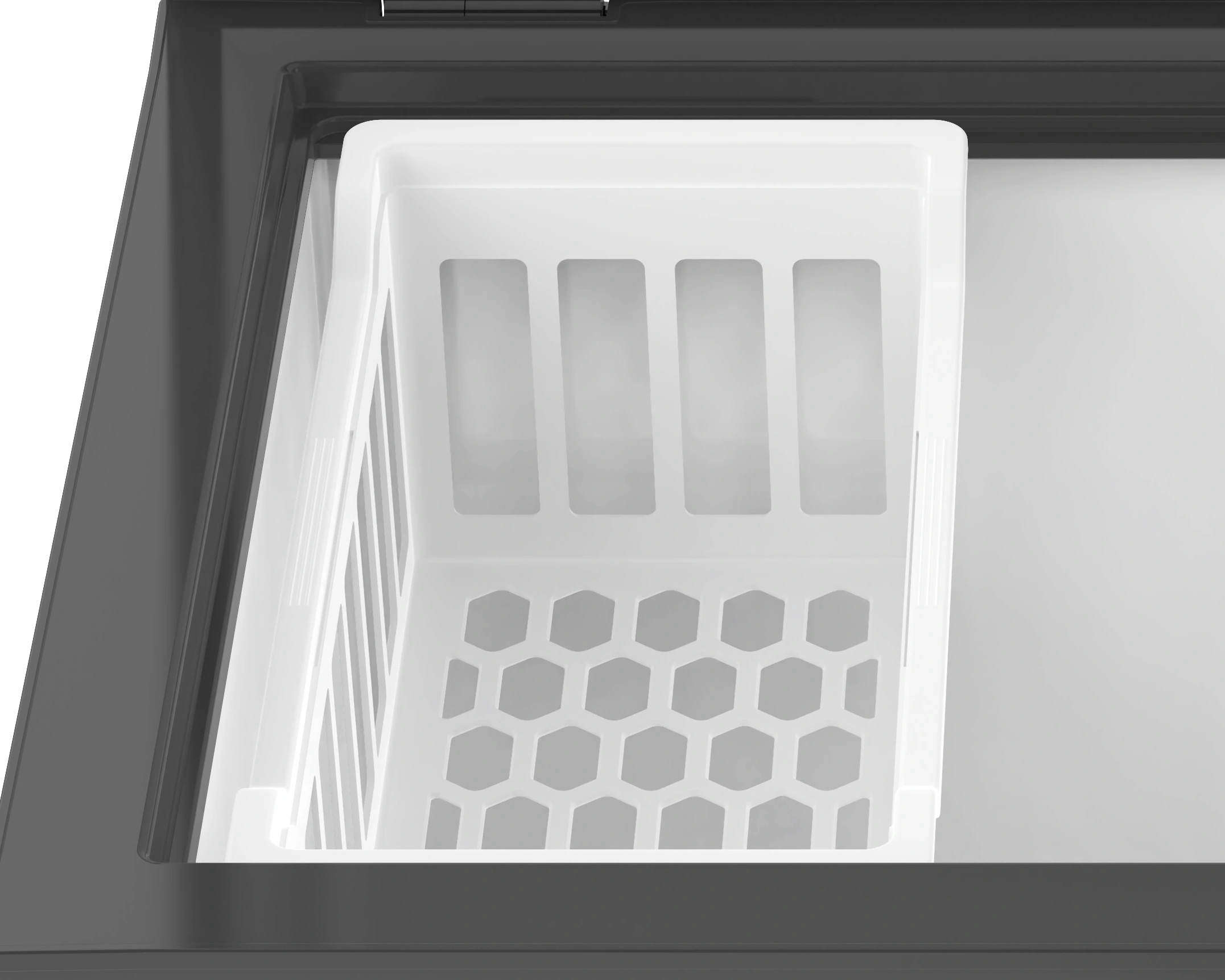 Original CCF145BE open cabinet showing the hanging basket and wire mesh partition