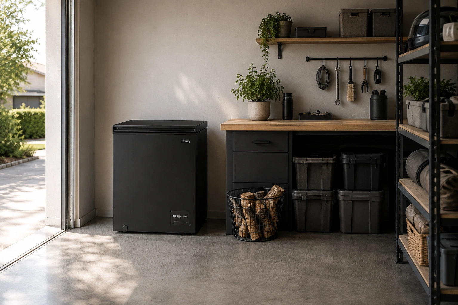 CCF201BE black chest freezer in a utility room