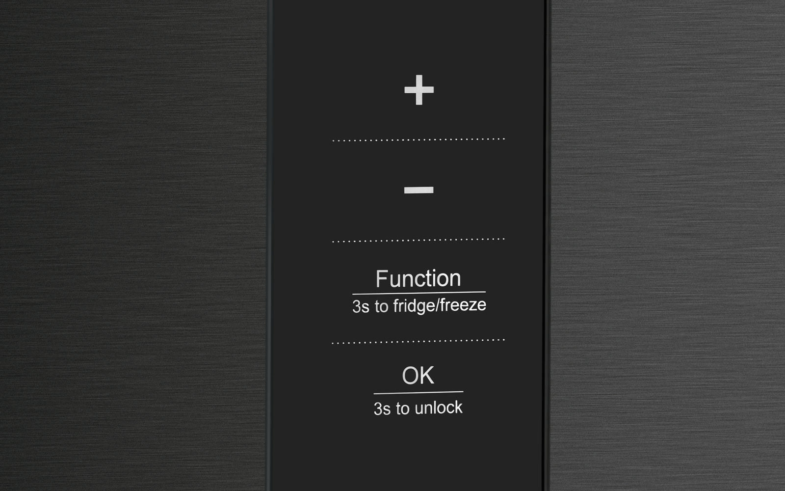 Close-up of plus, minus, Function and OK controls