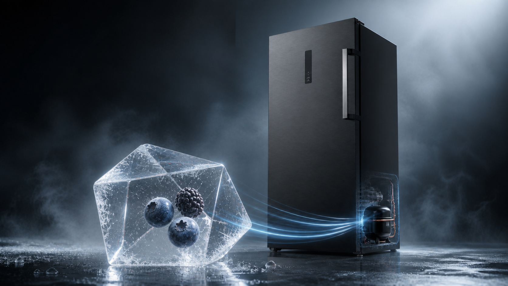 Frozen berries in an ice prism beside the CSH310NBSL5 inverter system