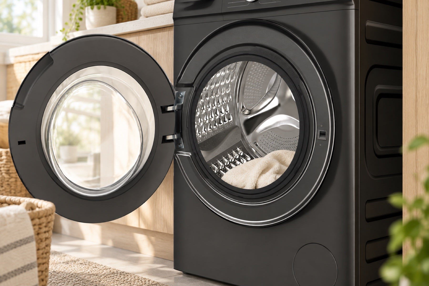Open washer door showing the stainless steel drum and a cream towel