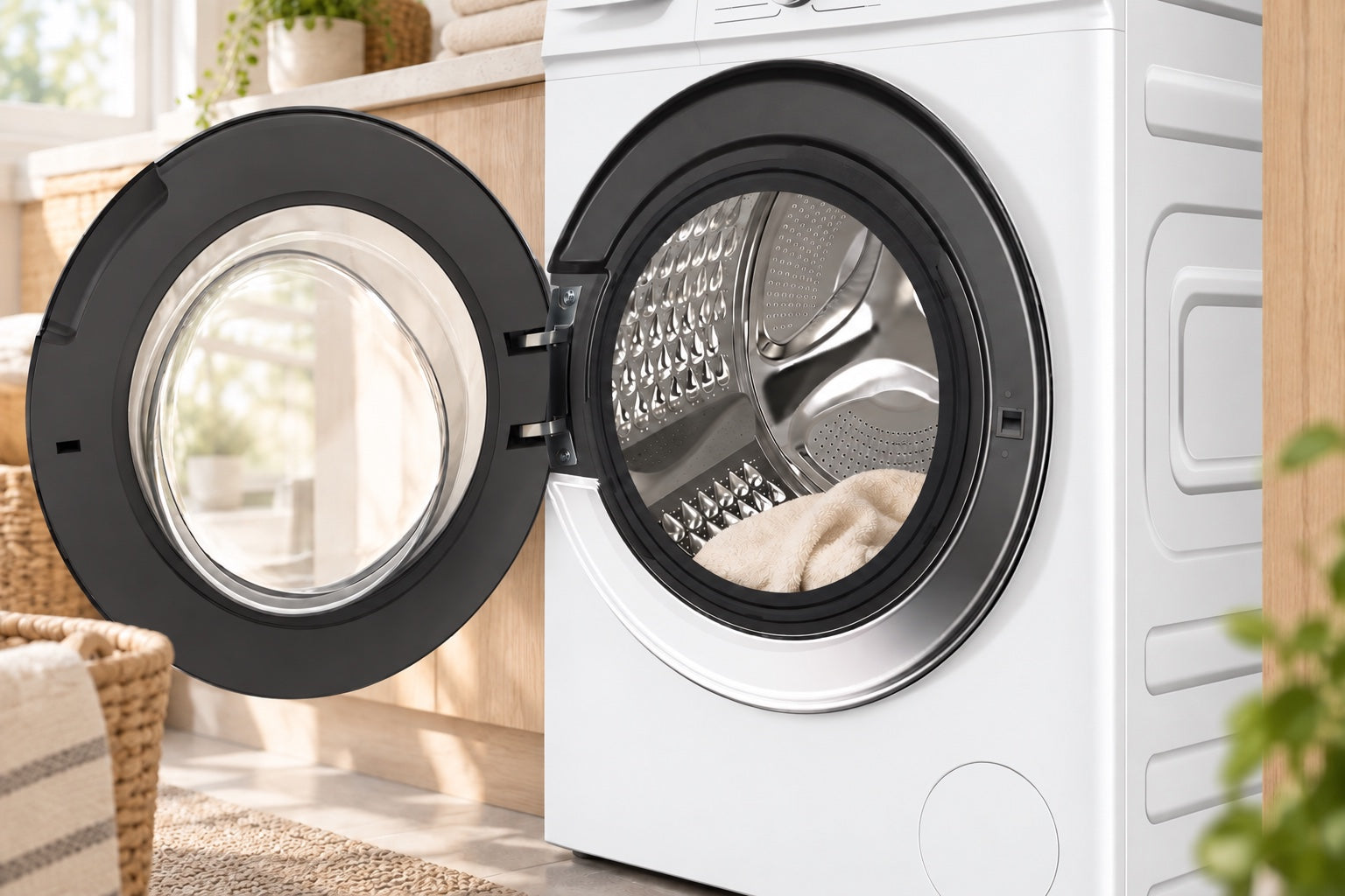 Open washer door showing the stainless steel drum and a cream towel