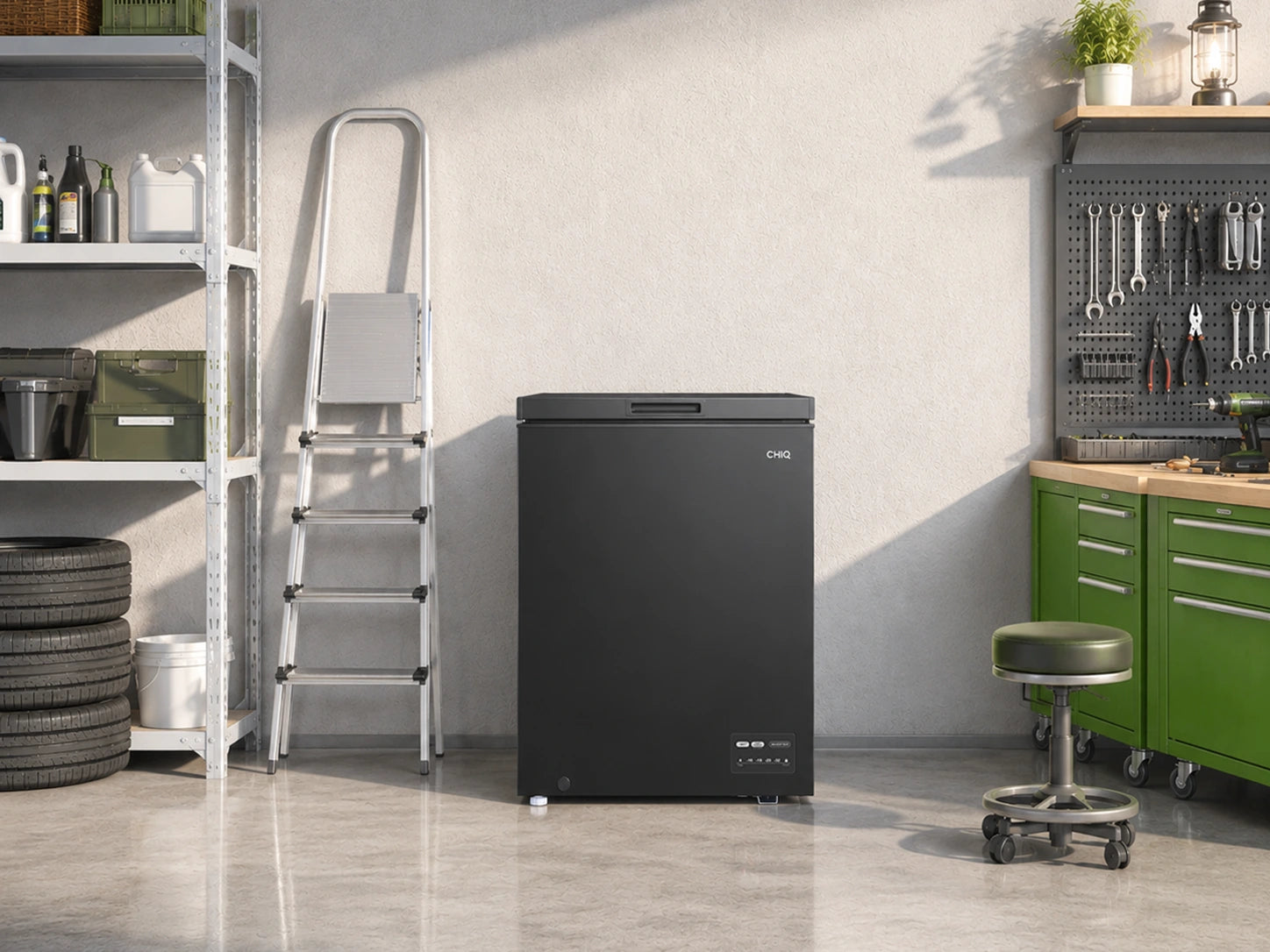 CCF145BE black chest freezer in a utility room