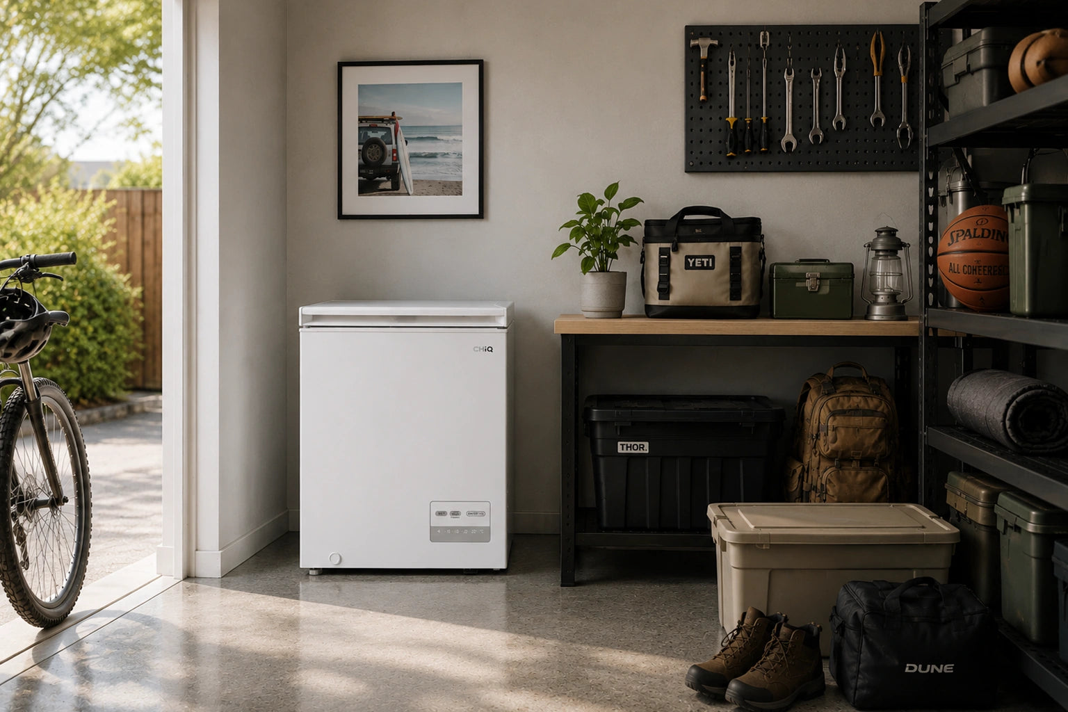 CCF146WE white chest freezer in a utility room