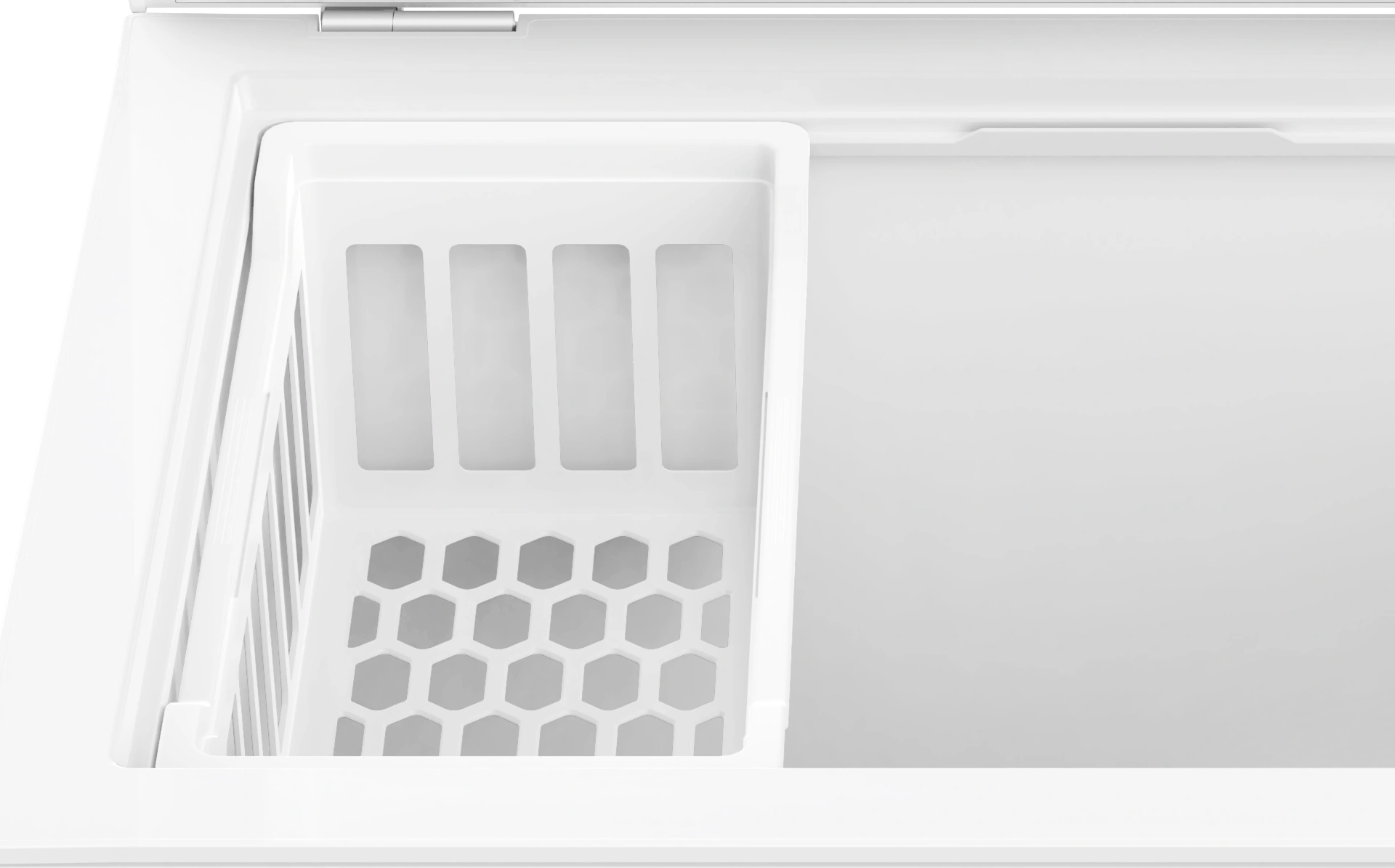 Original CCF202WE open cabinet showing the hanging basket and wire mesh partition